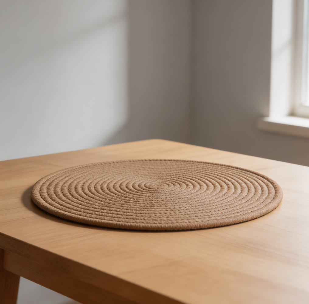Round Brown Cotton Woven Placemats Set of 6 with Basket - Image 2