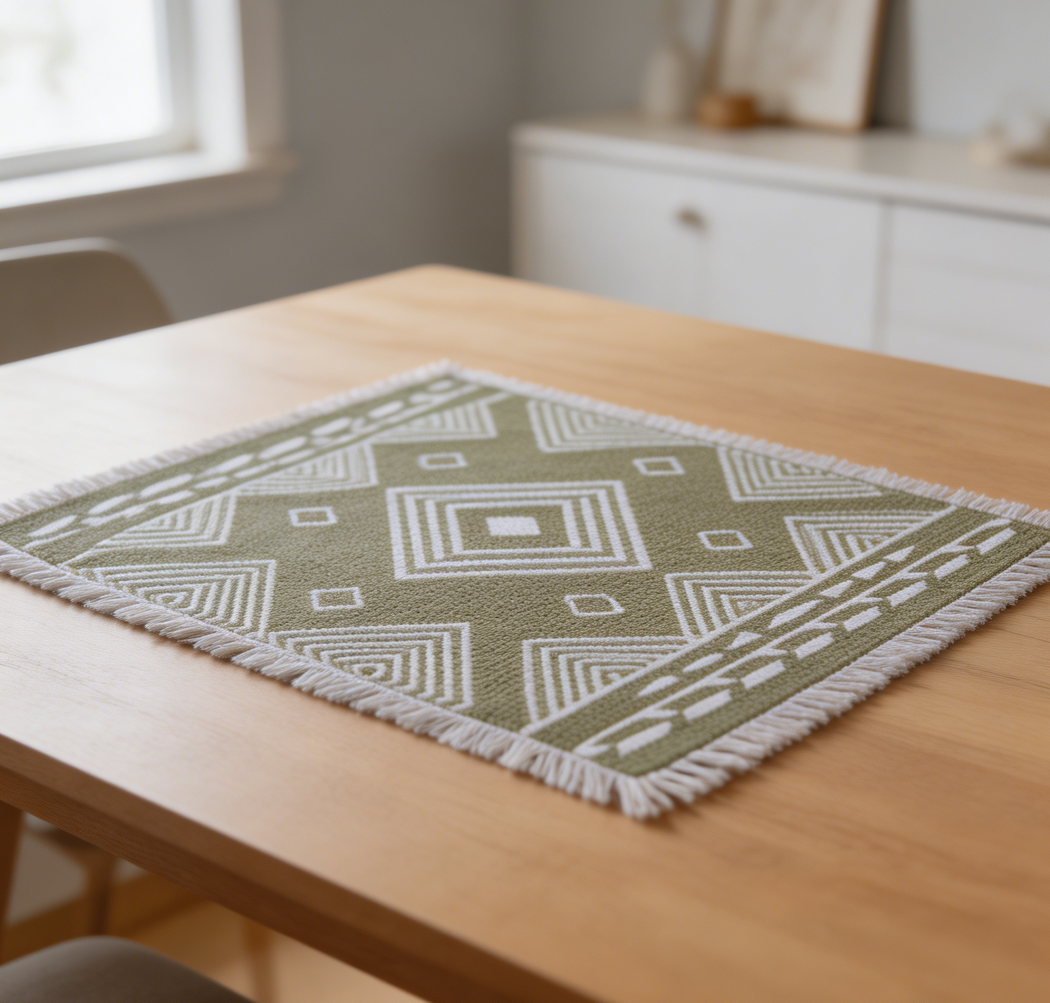 Rustic Fringed Green Cotton Placemats Set of 4 - Image 2