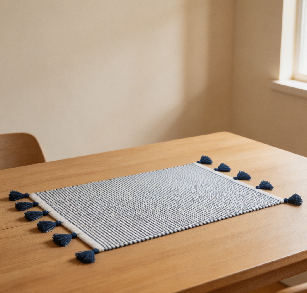 Indigo Striped Cotton Chambray Tassel Placemats Set of 4 - Image 2
