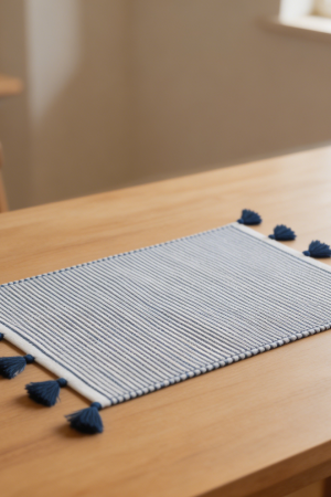 Indigo Striped Cotton Chambray Tassel Placemats Set of 4