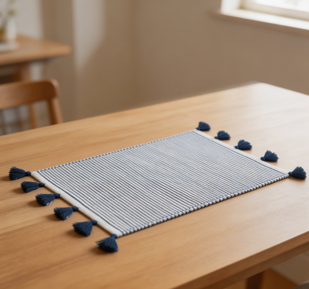 Indigo Striped Cotton Chambray Tassel Placemats Set of 4