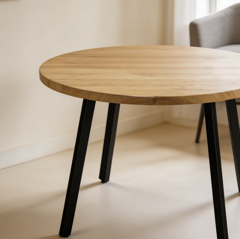 Round Natural Wood Dining Table Steel Legs - Image 2
