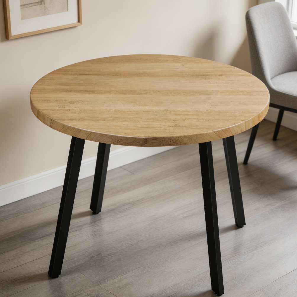 Round Natural Wood Dining Table Steel Legs