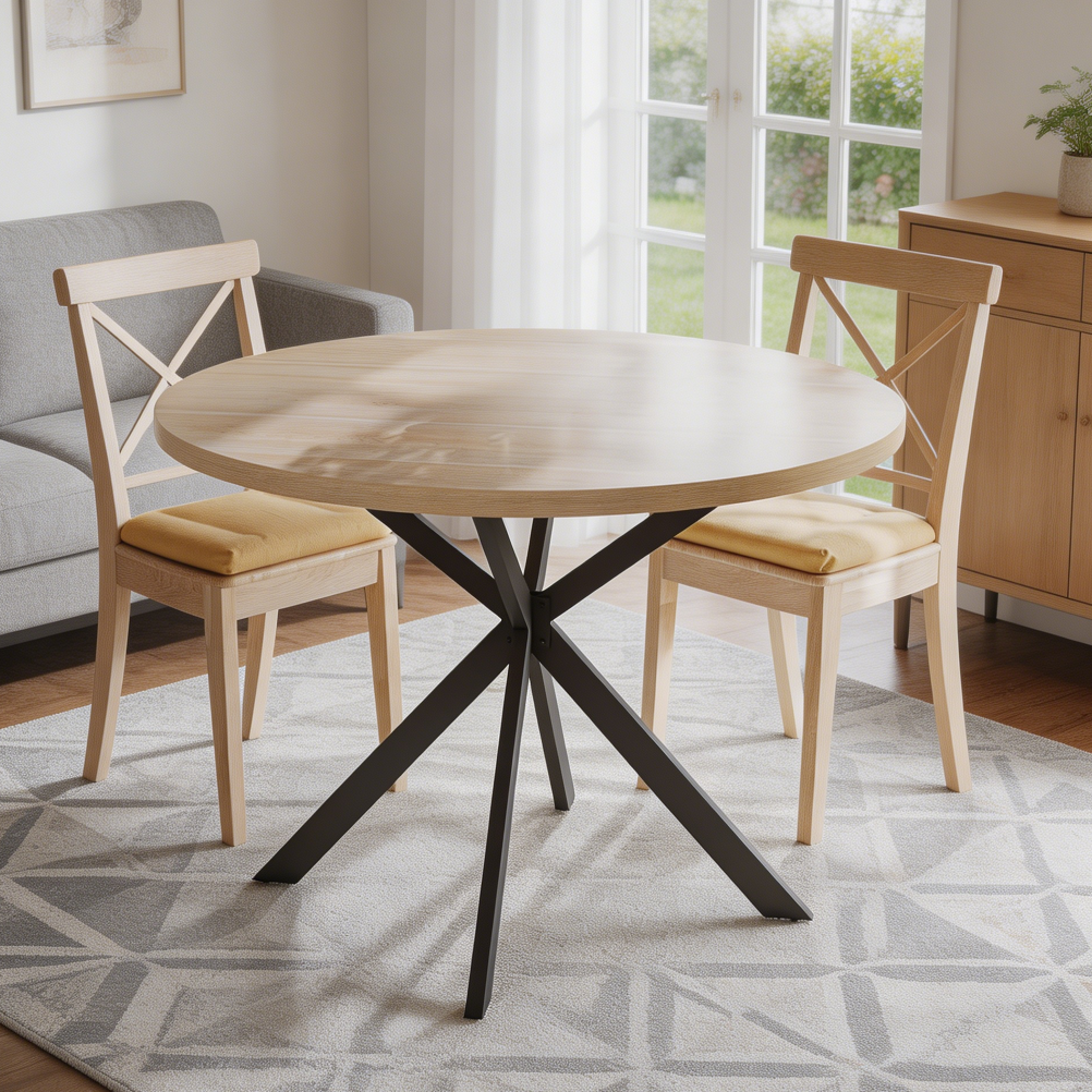Round Natural Oak Farmhouse Dining Table