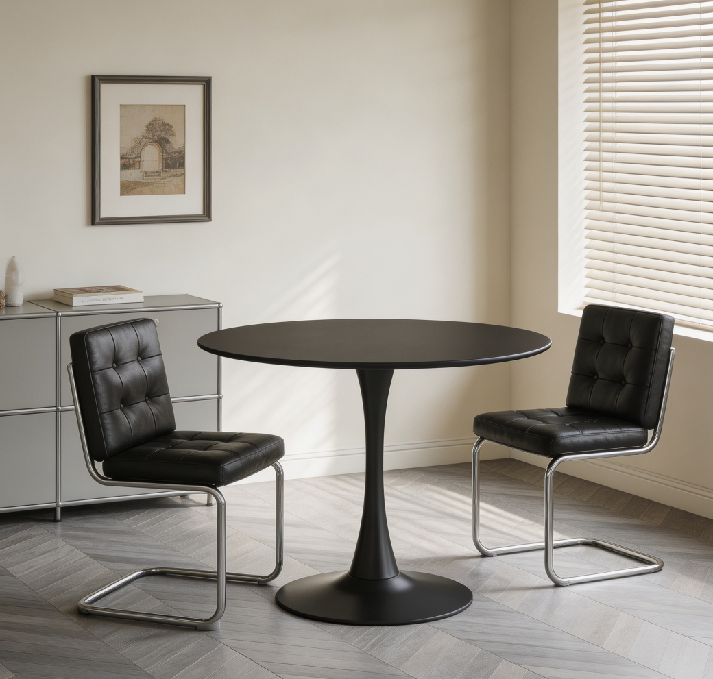 Round Black Tulip Dining Table Metal Pedestal - Image 2