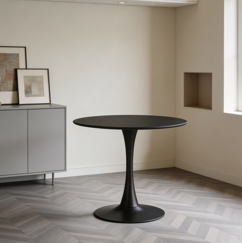 Round Black Tulip Dining Table Metal Pedestal