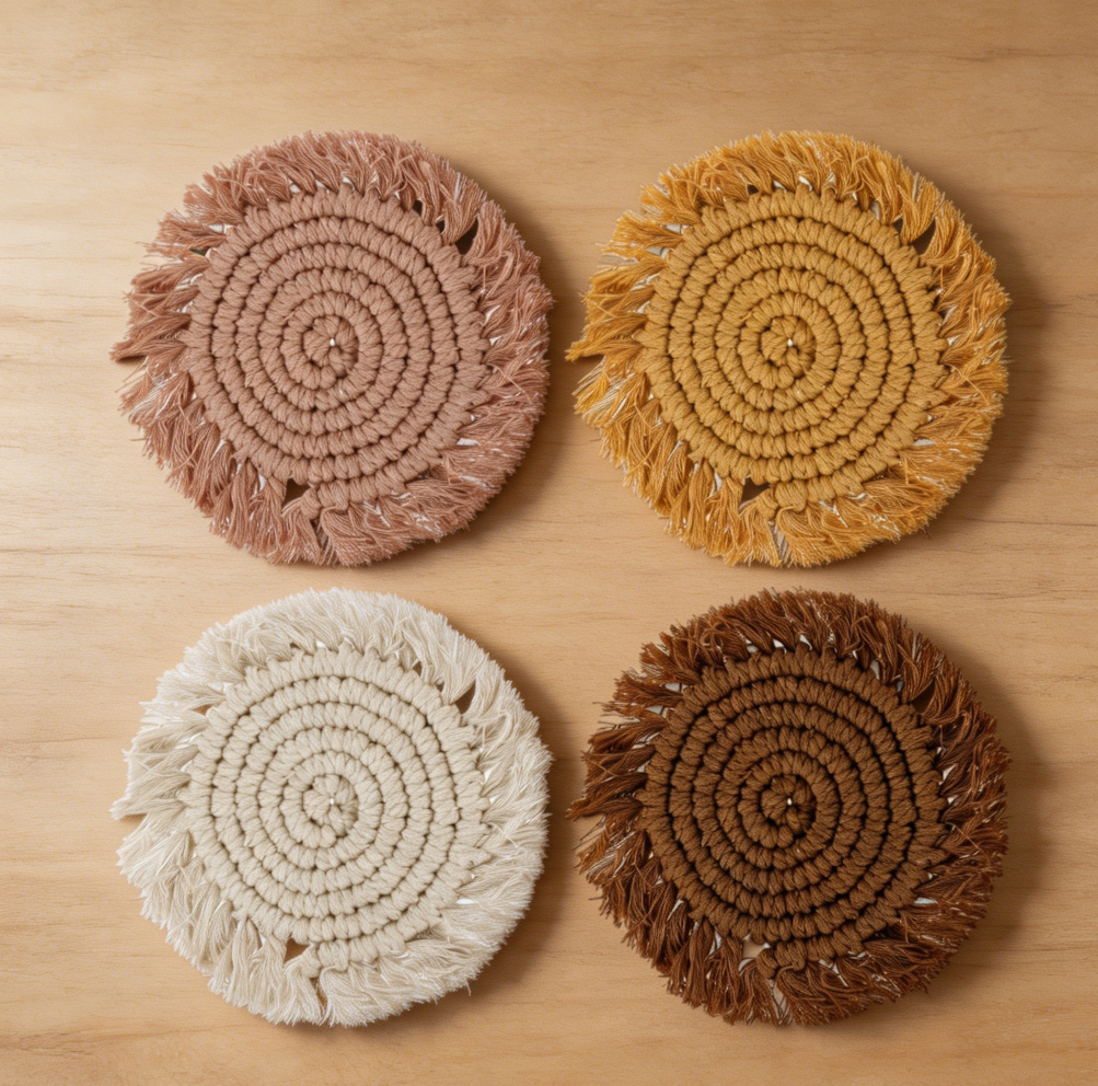 Set of 4 Macrame Coasters Tassel Edges Handmade - Image 2
