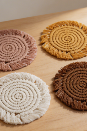 Set of 4 Macrame Coasters Tassel Edges Handmade