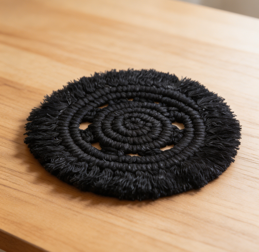 Black Macrame Cotton Coasters Set of 2 Round Fringe - Image 2