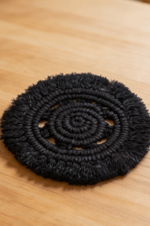 Black Macrame Cotton Coasters Set of 2 Round Fringe