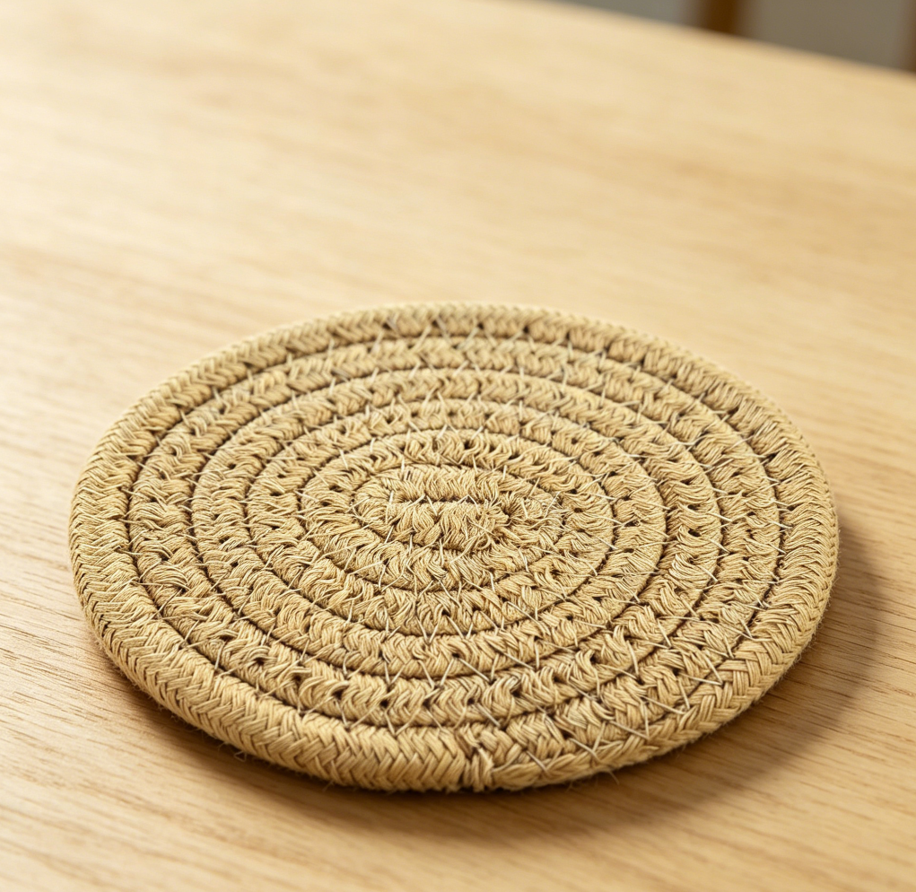 Brown Cotton Woven Coasters Set of 6 Round - Image 2